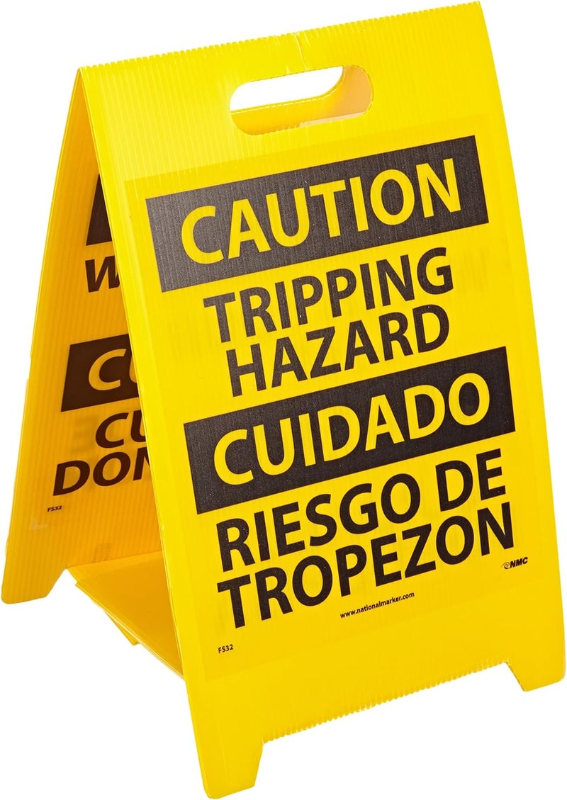 NMC FS32 Bilingual Double Sided Floor Sign, Legend "CAUTION - TRIPPING HAZARD WATCH YOUR STEP", 12" Length x 20" Height, Coroplast, Black on Yellow - Image 2